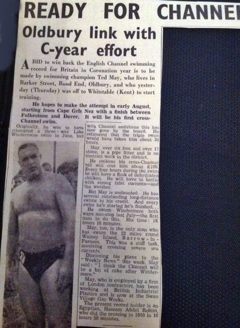 Newspaper cutting - Ted May to swim Channel 1954. Oldbury Weekly News