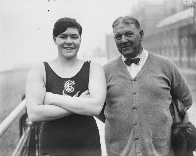 7th February 1930:  South African swimmer Patricia Retief with coach Jabez Wolffe. Sixteen years old and weighing over 12 stone Miss Retief is in England to try and swim the Channel.  
