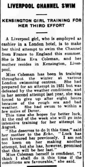 Coleman's third attempt - Liverpool Echo 14/6/1933