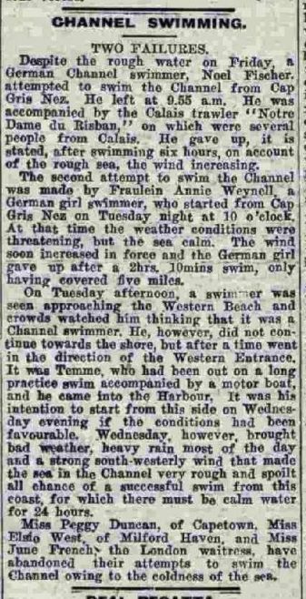 Channel Swimming, Two Failures - Dover Express 4/9/1931