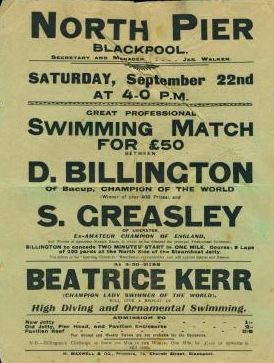 Poster for Blackpool £50 Swimming Match Billington v. Greasley 1906