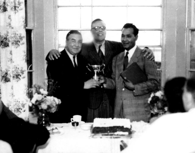 Presentation of a cup to Carpio, with Pop Burwill and Ted Temme