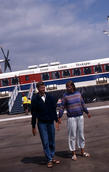 Two Canadian Channel swimmers standing on the hovercraft hard (unidentified)