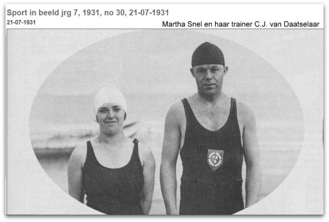 Martha Snel with trainer C.J. von Daatselaar,  after swimming Noordwijk to Scheveningen 1931