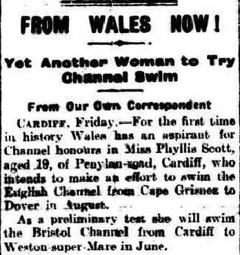 Yet another woman to try Channel swim - Daily Herald 29/4/1922