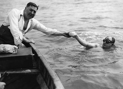 McNally, trainer, feeding Hadyn Taylor 1935