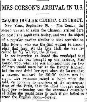 Mrs Corson's arrival in USA - The Scotsman 11/9/1926